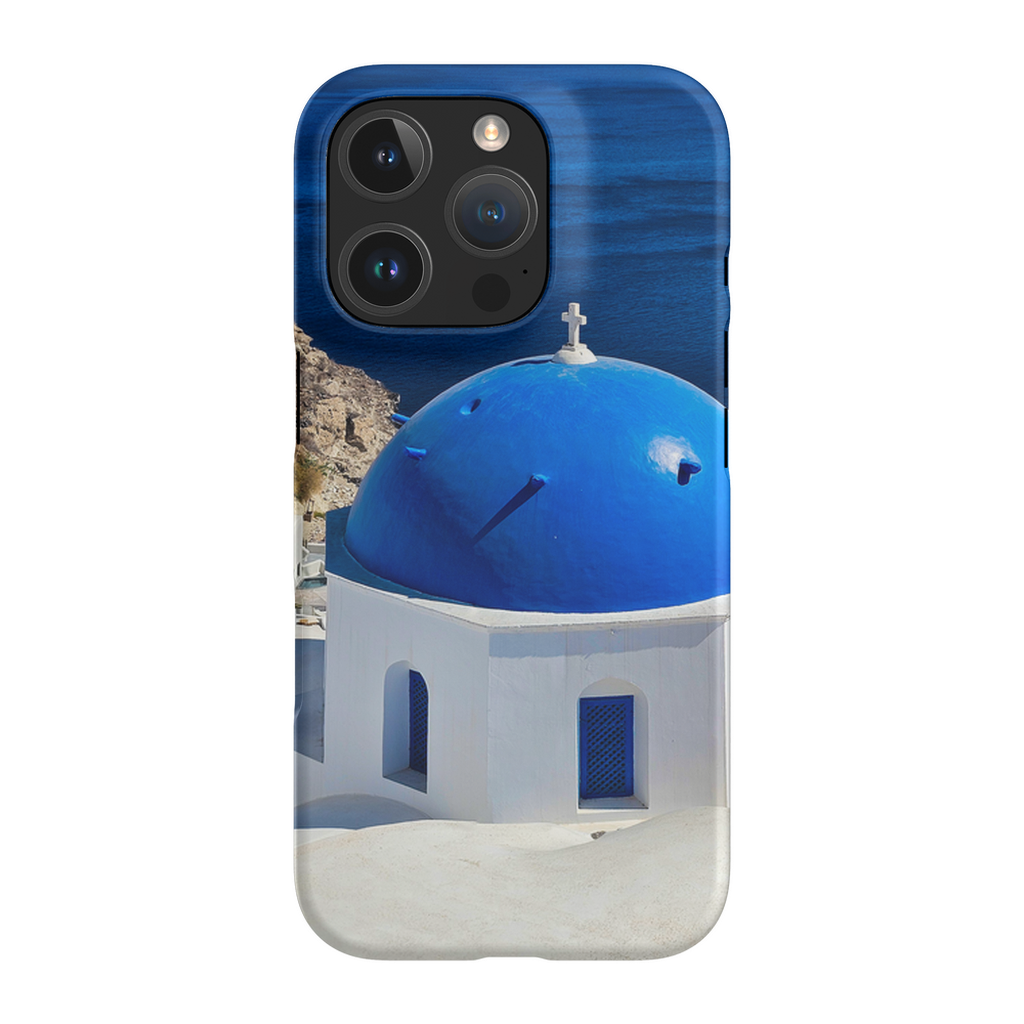 Blue Domes of Oia Santorini cell phone case by Sam Gilliss Visual Arts, featuring iconic Greek architecture and vibrant blue domes.