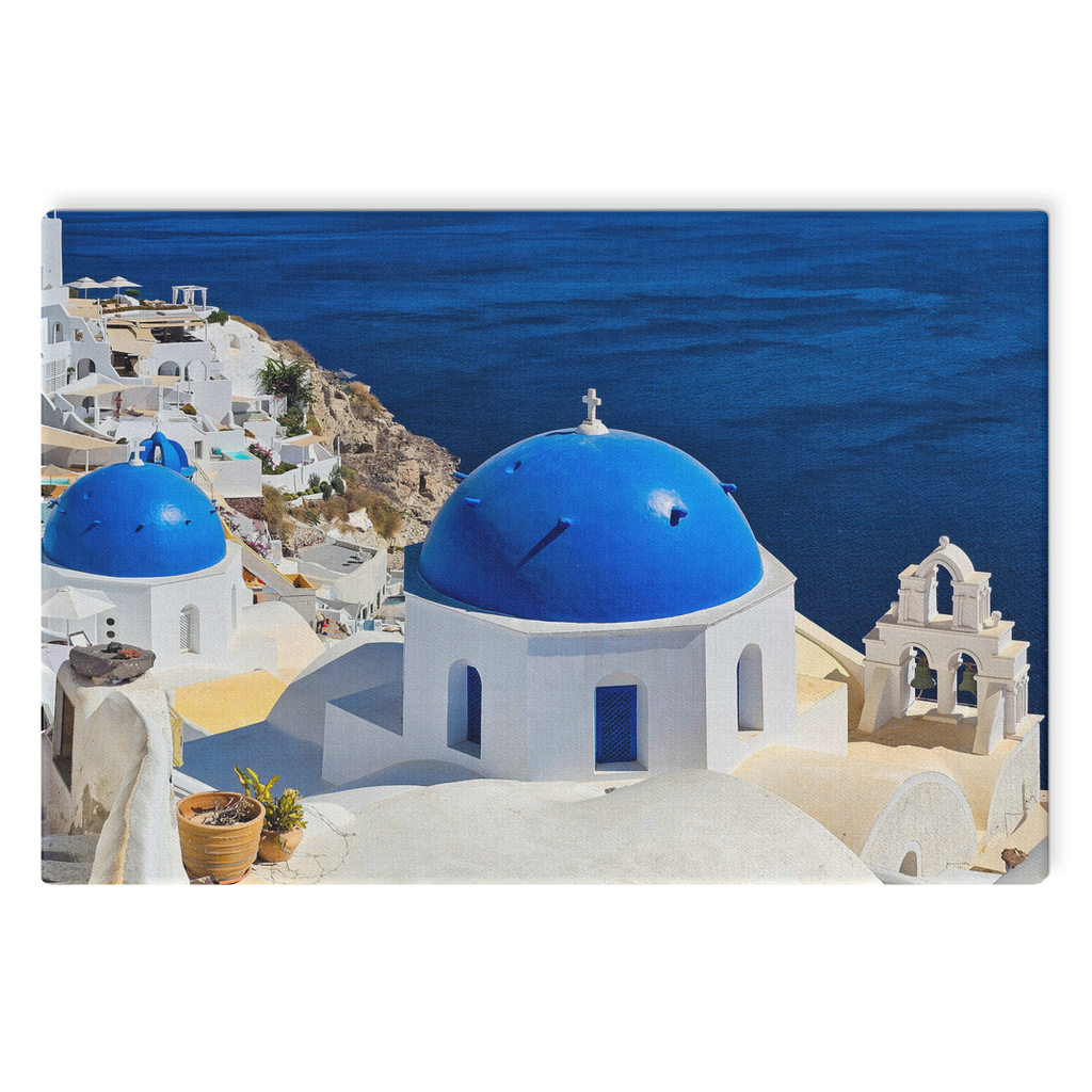 Santorini Blue Domes canvas wall art by Sam Gilliss Visual Arts, featuring Oia Greece's iconic Mediterranean coastal scene.