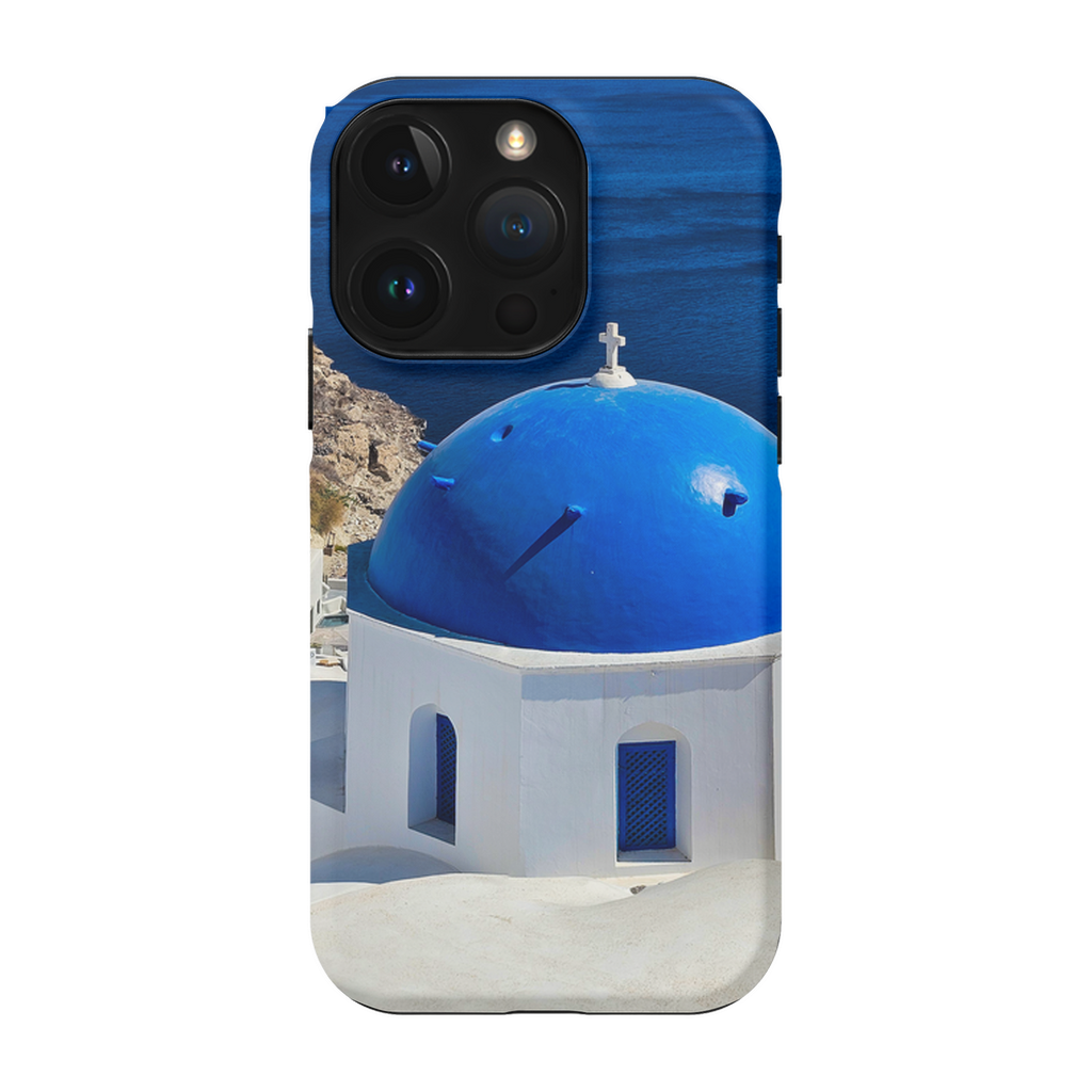 Blue Domes of Oia Santorini cell phone case featuring vibrant Greek island scenery, designed by Sam Gilliss Visual Arts.