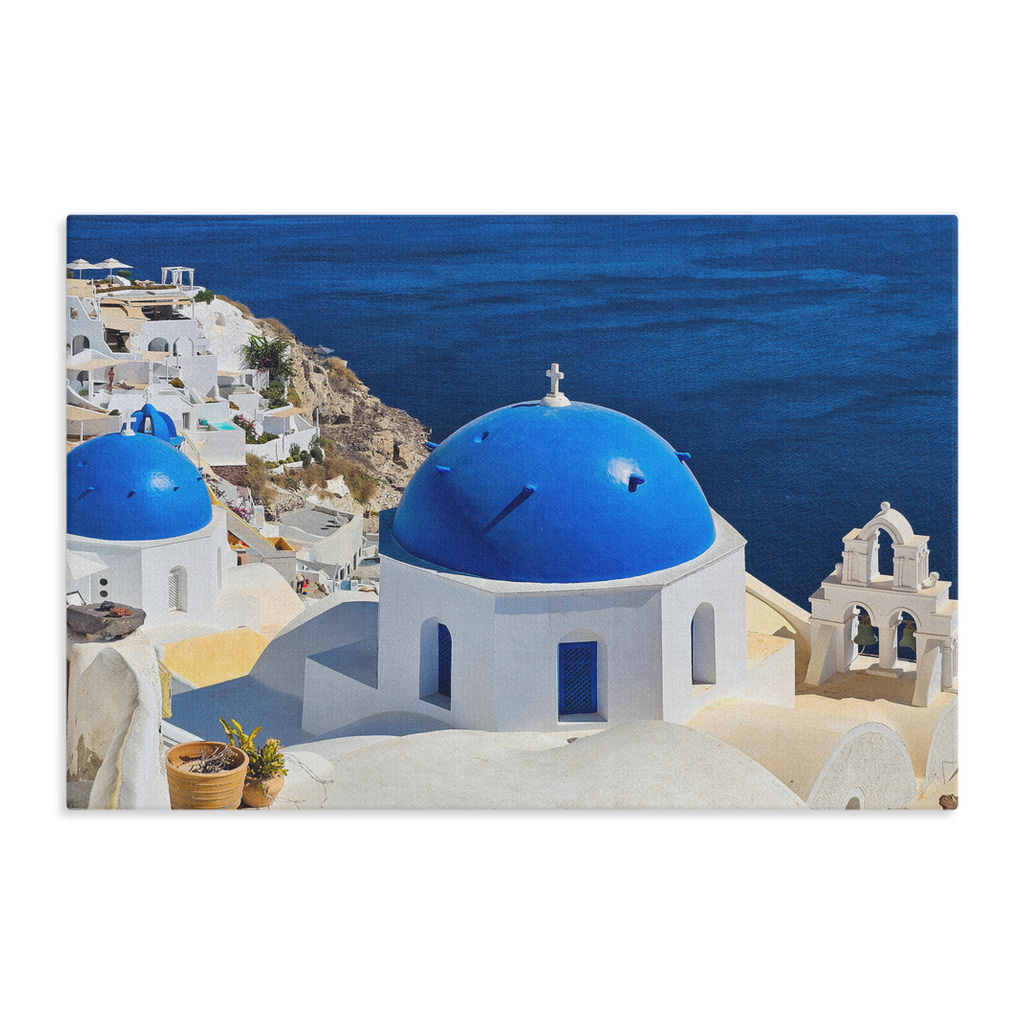 Santorini Blue Domes wall art canvas print by Sam Gilliss Visual Arts showing iconic blue domes of Oia, Greece, Mediterranean coastal décor