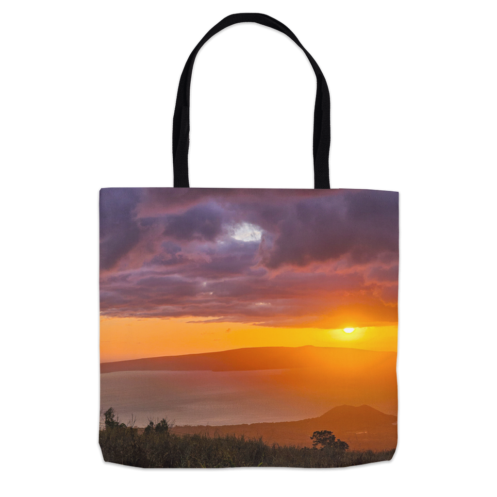 Sam Gilliss Visual Arts Keokea Sunset over the Ocean tote bag featuring vibrant Hawaiian paradise sunset scene.