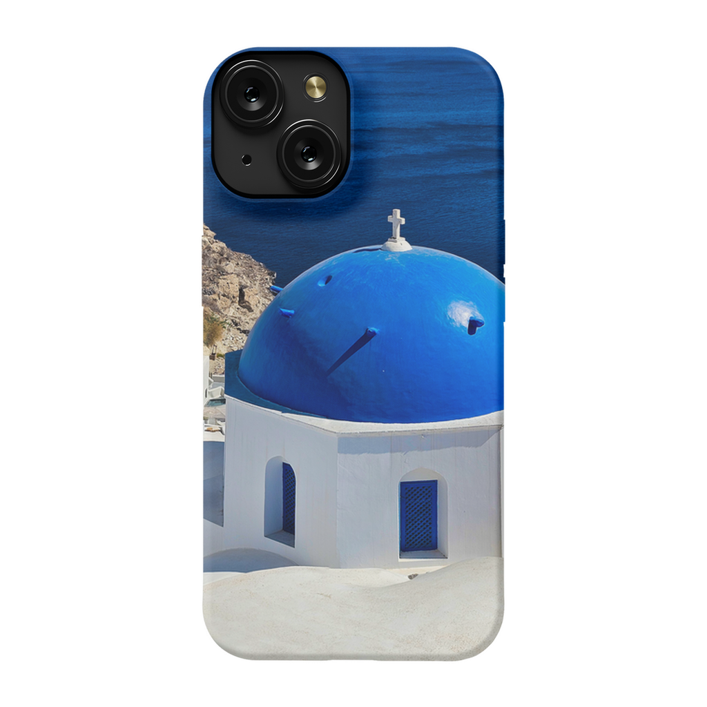 Blue Domes of Oia Santorini cell phone case featuring iconic Greek architecture, designed by Sam Gilliss Visual Arts.