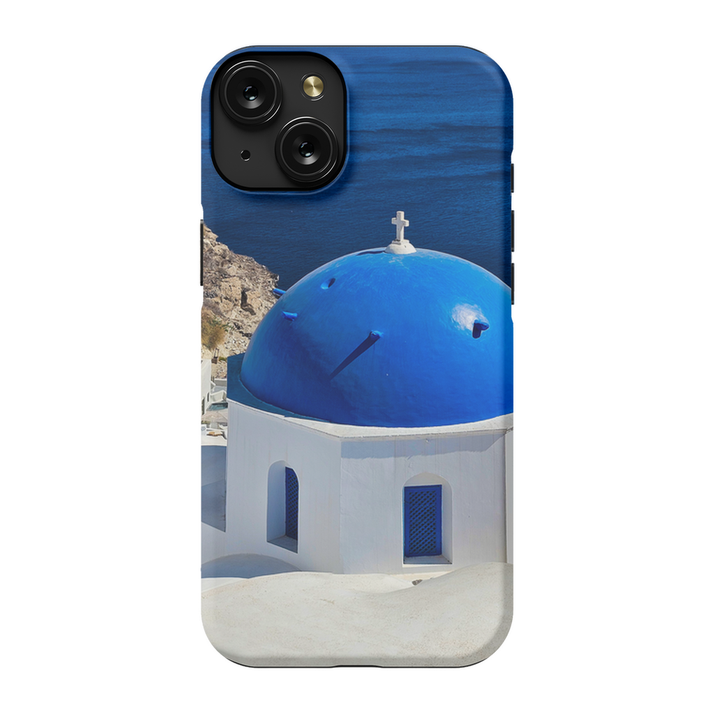 Blue Domes of Oia Santorini cell phone case featuring iconic Greek architecture, designed by Sam Gilliss Visual Arts.
