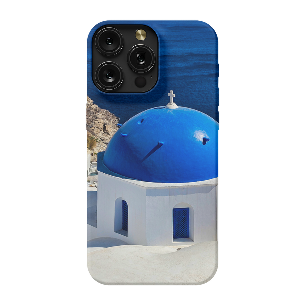 Blue Domes of Oia Santorini cell phone case featuring vibrant images of iconic Greek blue domes and white-washed buildings.