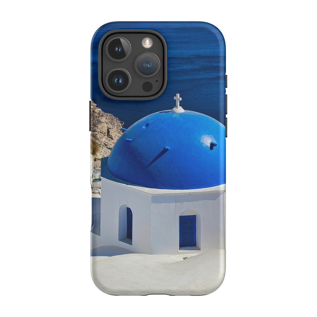 Blue Domes of Oia Santorini cell phone case featuring vibrant images of iconic Greek blue-domed churches in a scenic island setting.