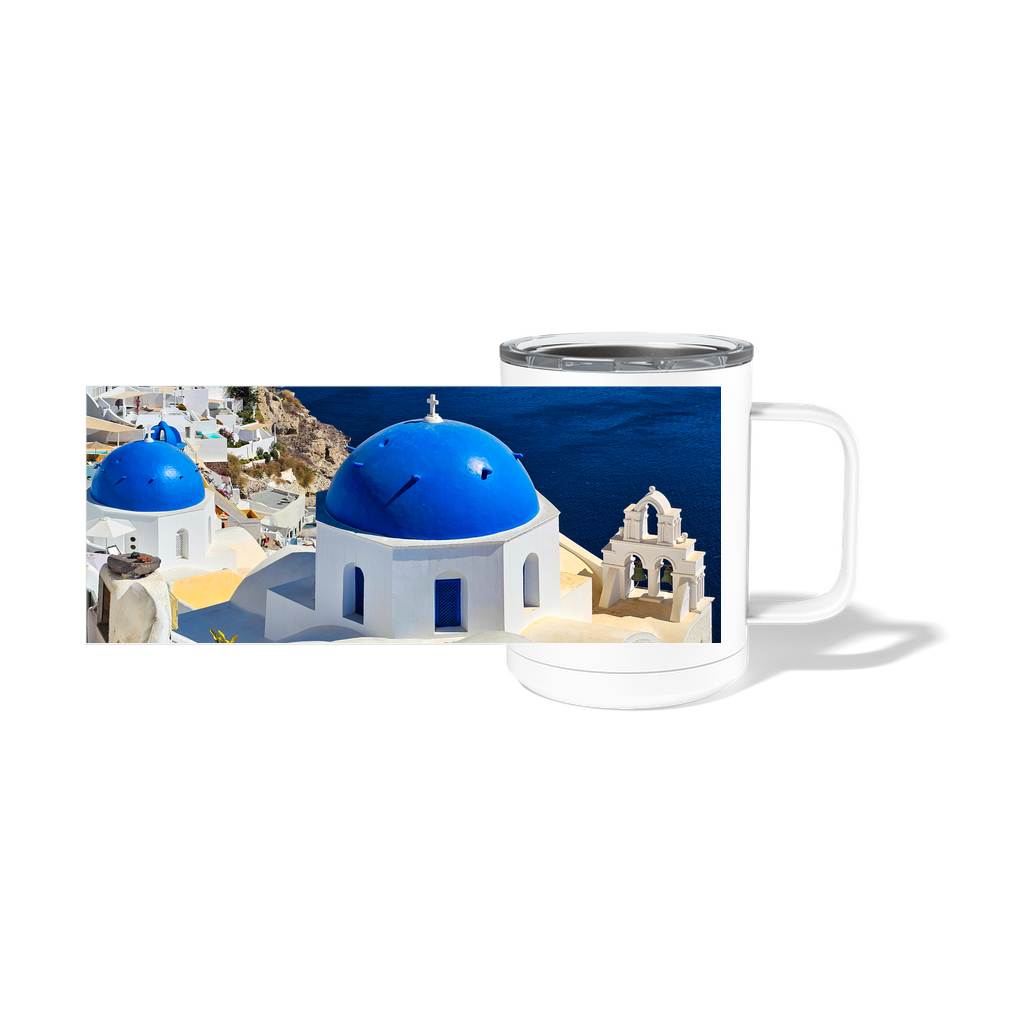 Sam Gilliss Visual Arts Santorini Blue Domes 10oz stainless steel travel mug with handle, featuring iconic blue island dome design.