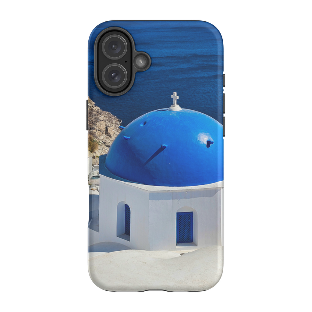 Blue Domes of Oia Santorini cell phone case featuring iconic Greek architecture, designed by Sam Gilliss Visual Arts.