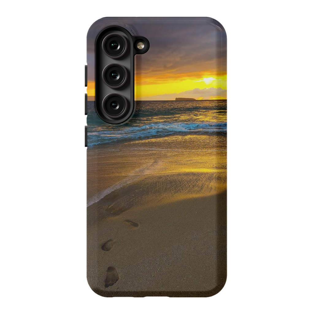 Sam Gilliss Visual Arts Maui phone case featuring a stormy sunset at Makena Beach with vibrant ocean and sunset colors.