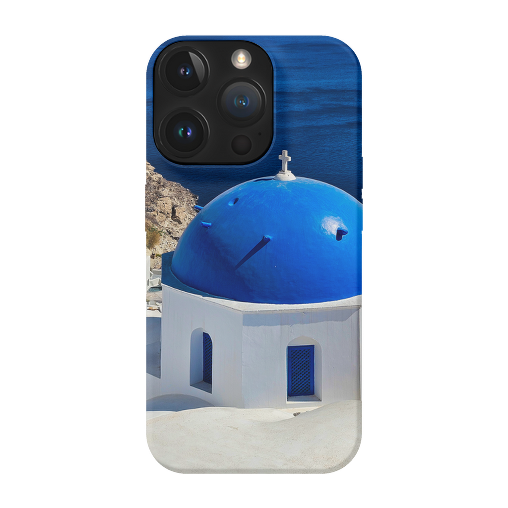 Blue Domes of Oia Santorini cell phone case featuring iconic Greek architecture, designed by Sam Gilliss Visual Arts.