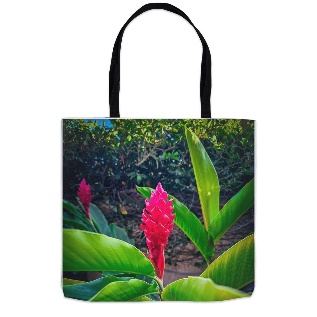 Hawaiian Red Torch Ginger tote bag by Sam Gilliss Visual Arts featuring double-stitched cotton and tropical floral print.