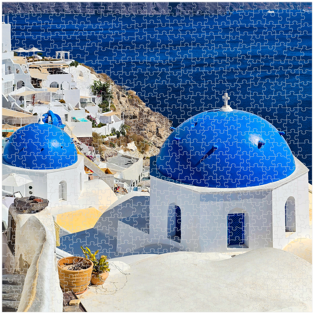 Sam Gilliss Visual Arts Santorini Blue Domes puzzle featuring Oia Greece with 110 to 1000 pieces, detailed fine art jigsaw image.