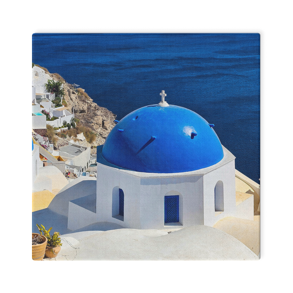 Santorini Blue Domes canvas wall art by Sam Gilliss Visual Arts featuring iconic Oia, Greece, Mediterranean coastal scenery.