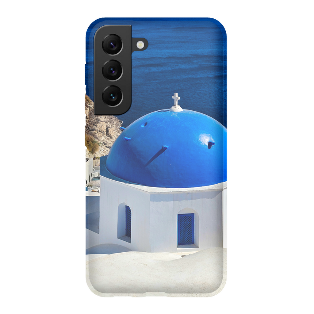 Blue Domes of Oia Santorini cell phone case featuring iconic Greek blue-domed churches, by Sam Gilliss Visual Arts.