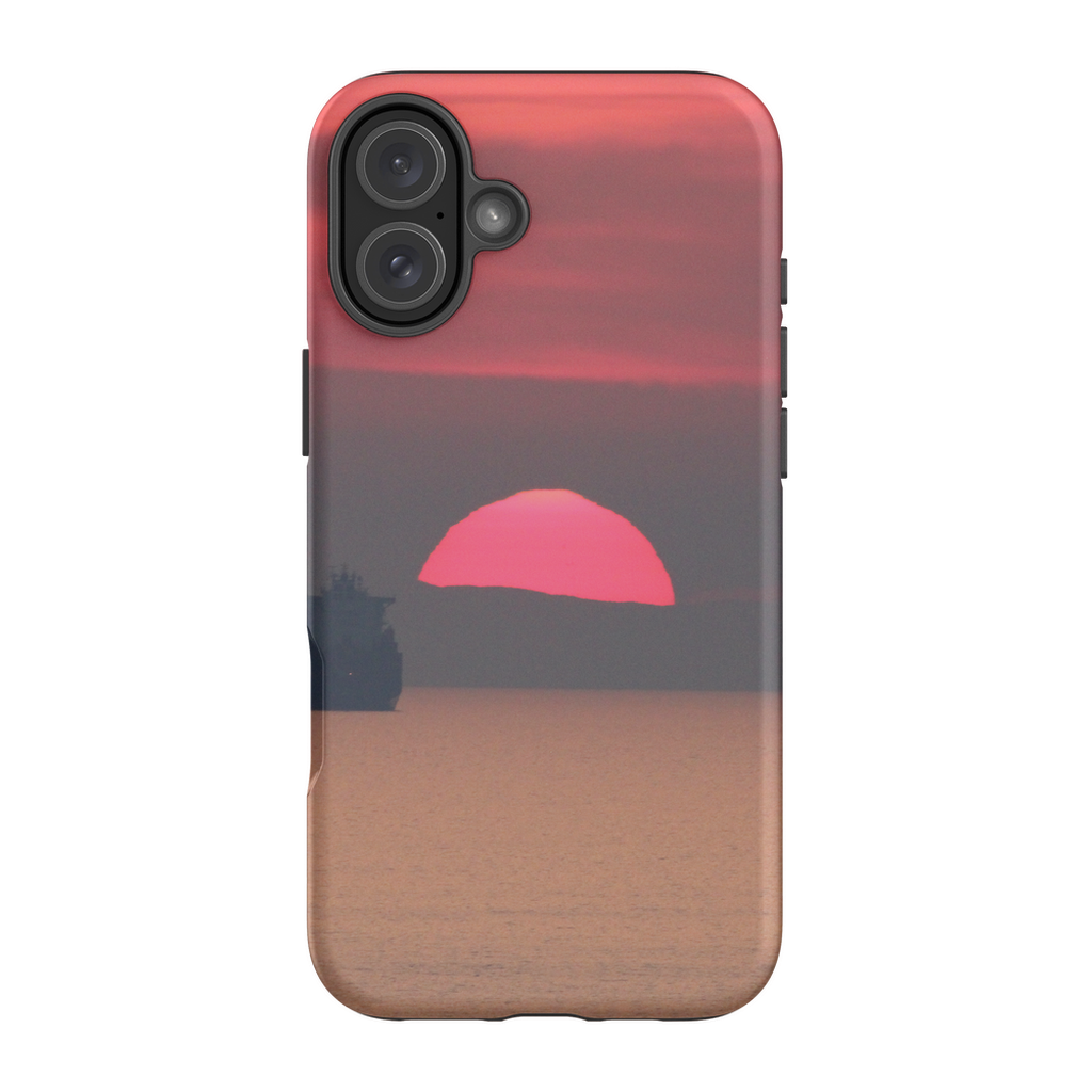 Sam Gilliss Visual Arts phone case featuring a sunset over Corsica's Mediterranean coast with vibrant, scenic maritime artwork.