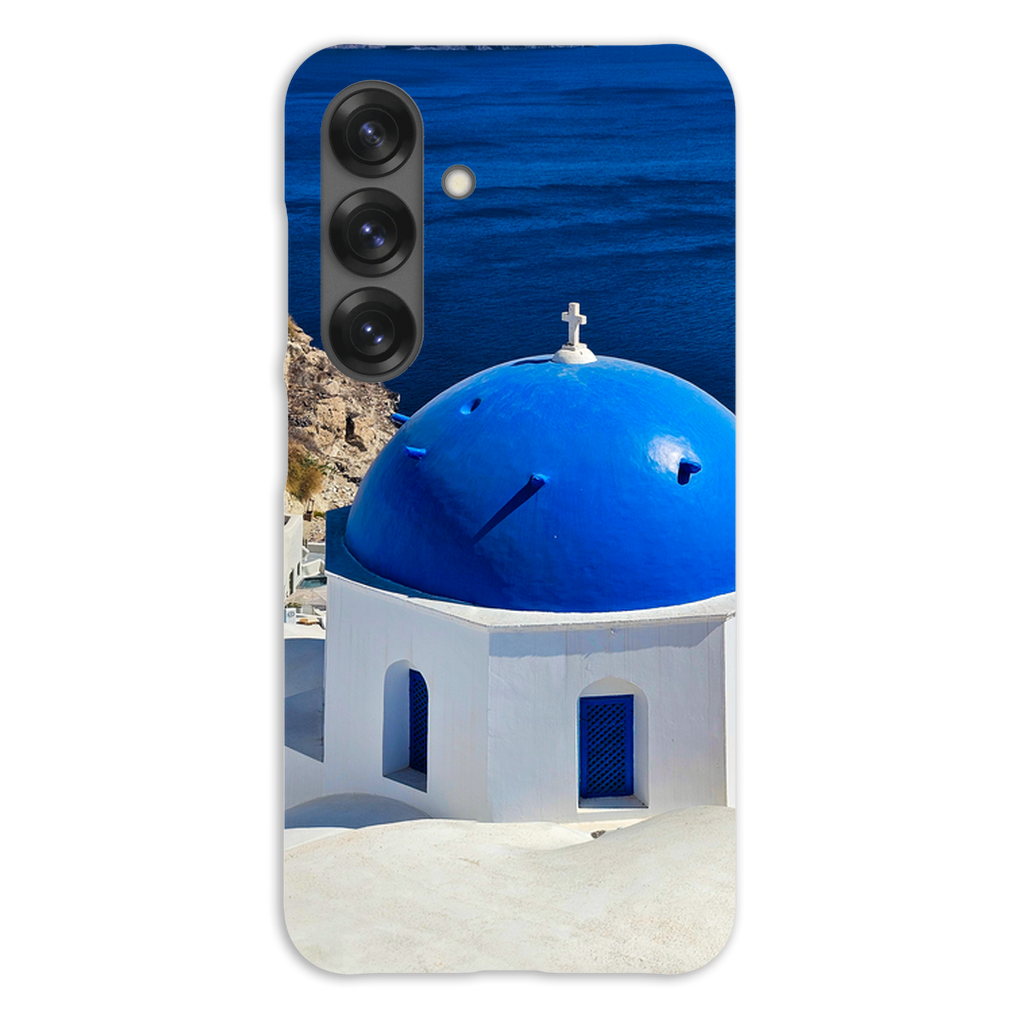 Blue Domes of Oia Santorini cell phone case featuring vivid imagery of iconic Greek blue-domed churches on a sleek protective cover.