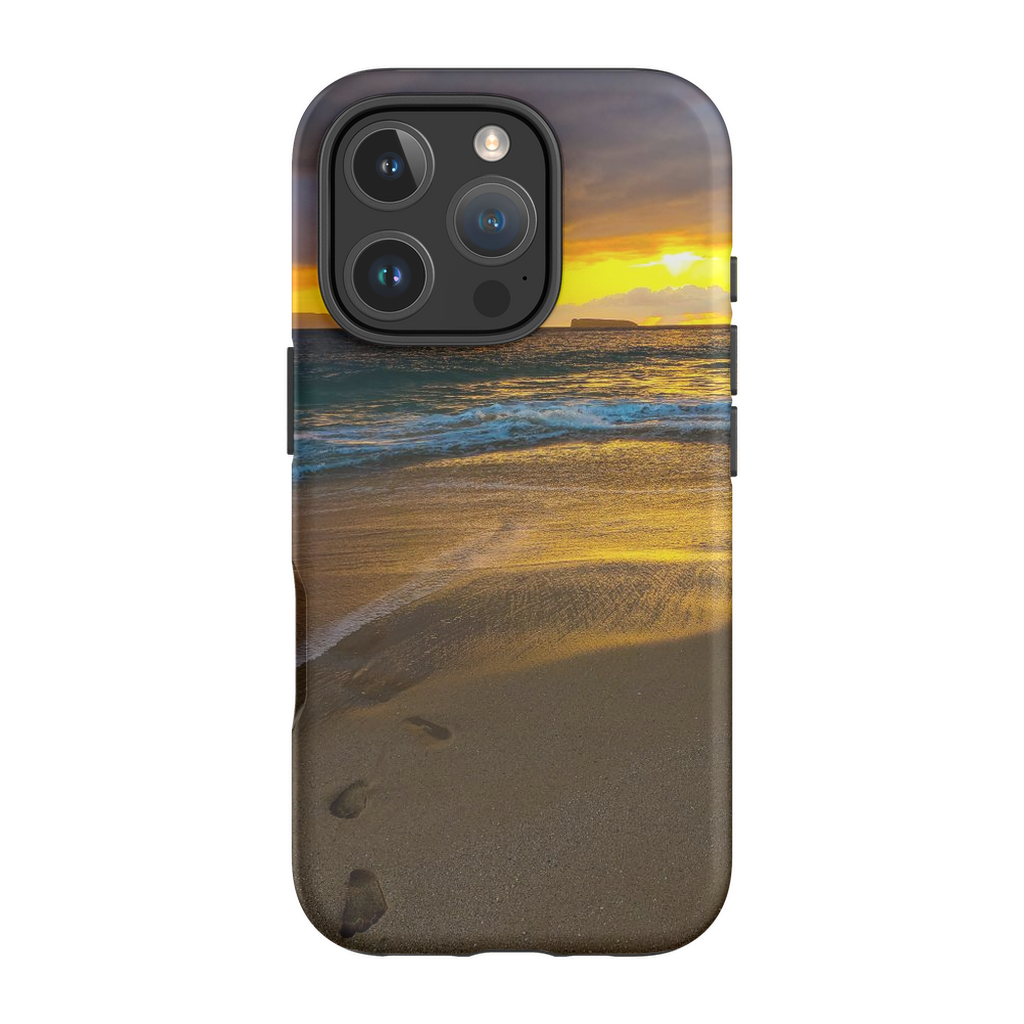 Sam Gilliss Maui beach sunset phone case featuring vibrant stormy sunset at Makena Beach, Hawaii, with tropical scenery.