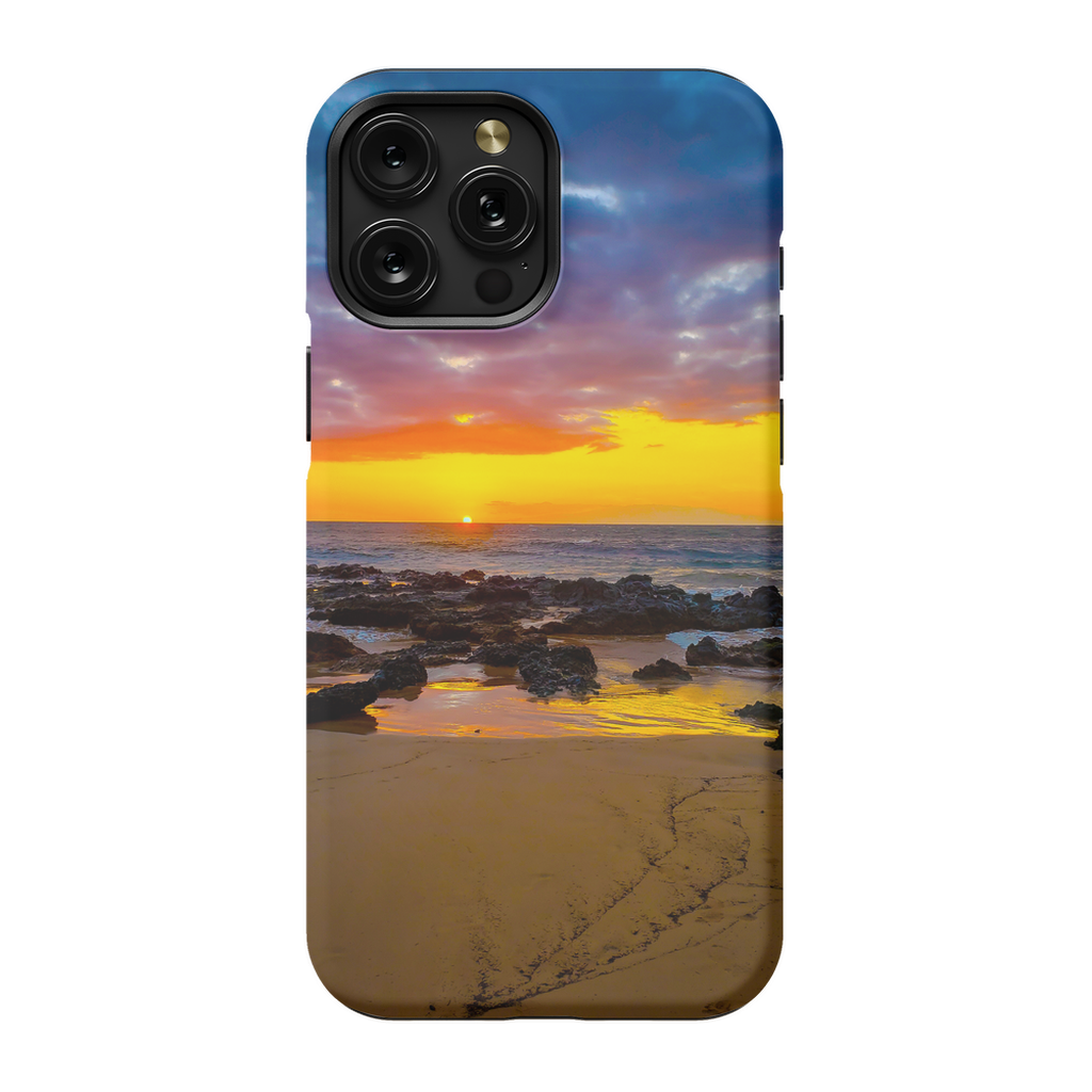 Sam Gilliss Visual Arts Maui Sunset phone case featuring a vibrant Hawaiian island sunset during golden hour.