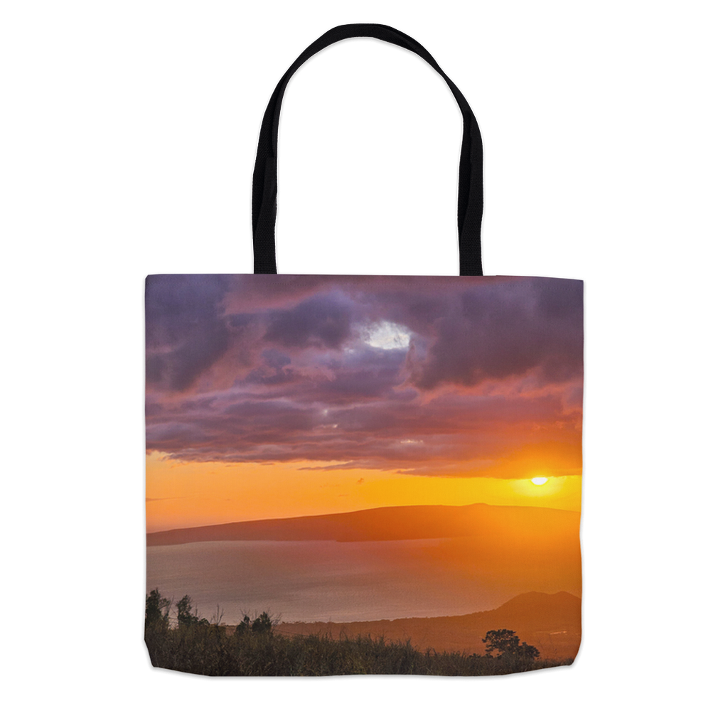 Sam Gilliss Sunset Over the Ocean Hawaiian Paradise tote bag featuring vibrant ocean and sunset artwork on durable tote fabric.