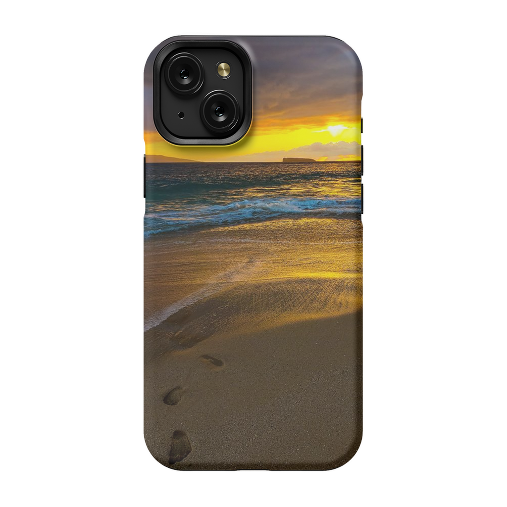 Sam Gilliss Maui beach cell phone case featuring a stormy sunset at Makena Beach with vibrant ocean and sky artwork.