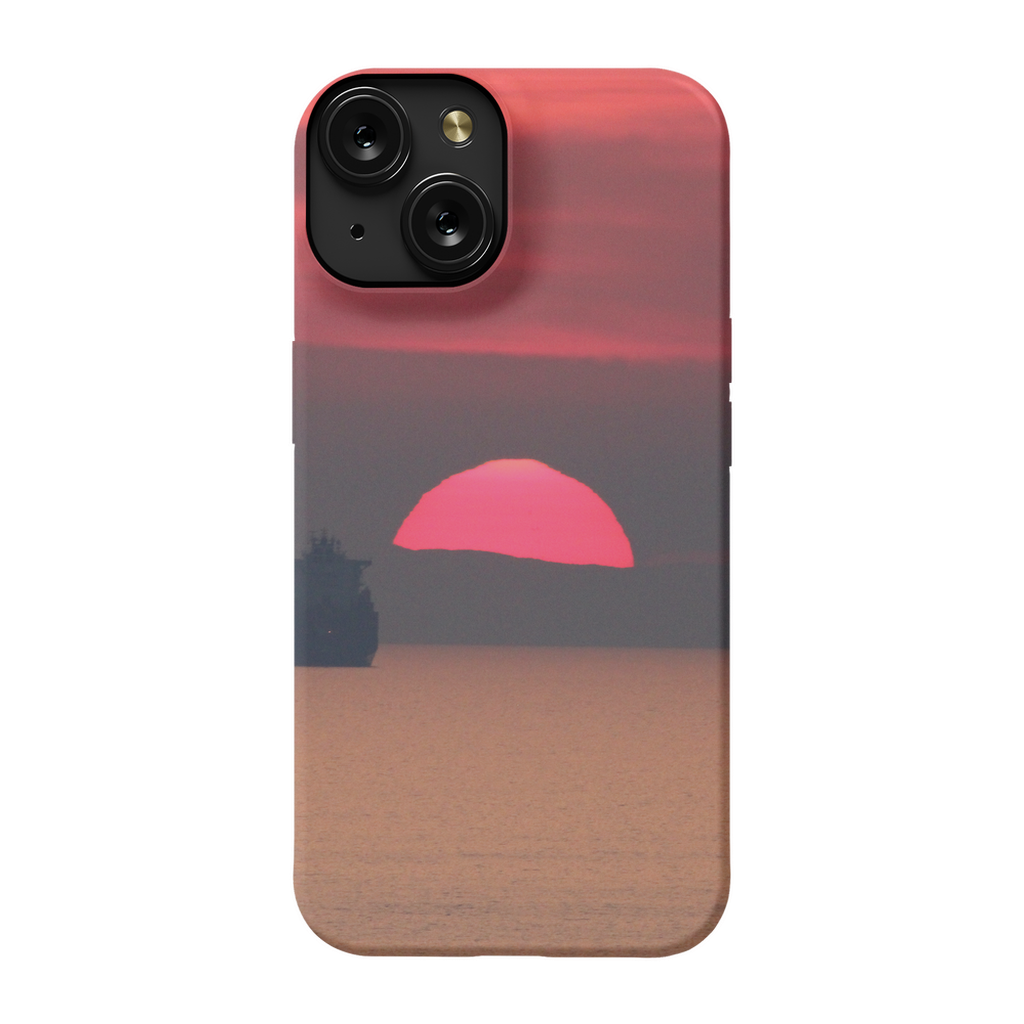 Premium cell phone case featuring Sam Gilliss Visual Arts' "Ship at Sunset, Corsica" with Mediterranean coast scene.