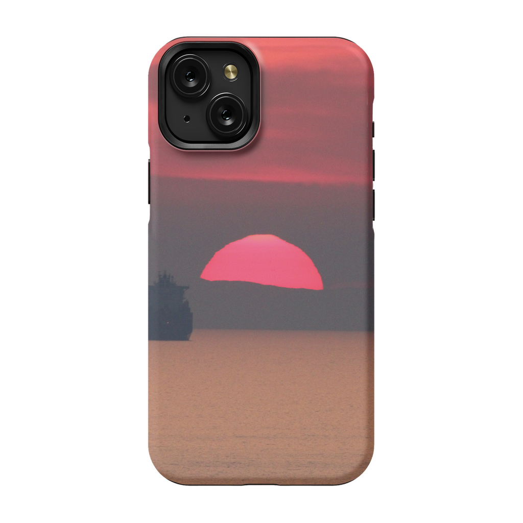 Premium cell phone case featuring Sam Gilliss Visual Arts' "Ship at Sunset, Corsica" painting with Mediterranean coast scenery.
