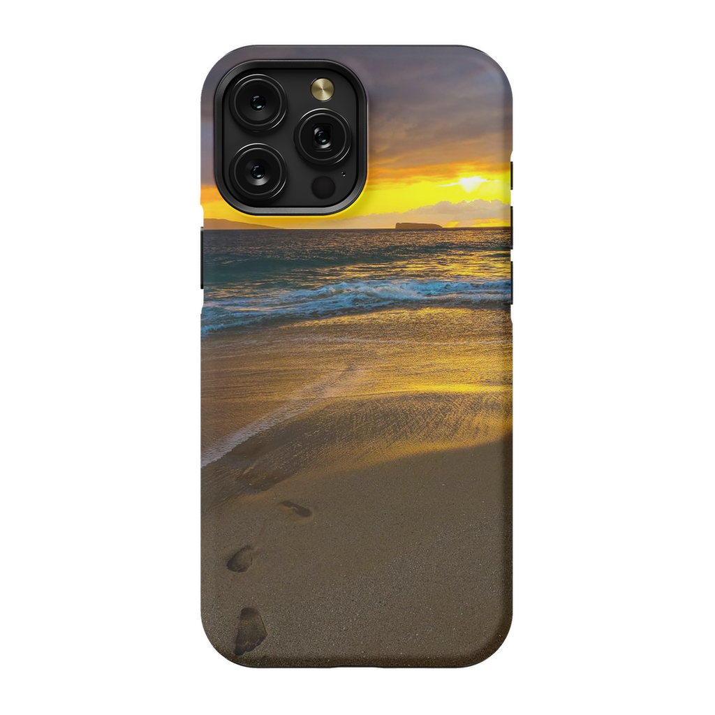 Sam Gilliss Visual Arts Maui beach phone case featuring a stormy sunset at Makena Beach with vibrant Hawaiian scenery.