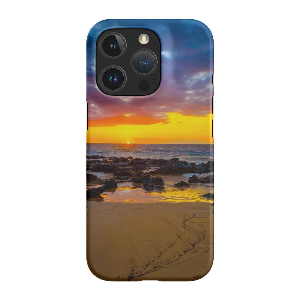 Hawaiian sunset cell phone case with golden hour island scene by Sam Gilliss Visual Arts, designed for smartphone protection.