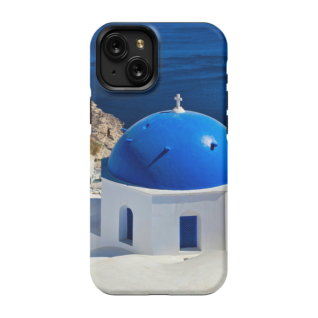 Blue Domes of Oia Santorini cell phone case featuring iconic Greek blue-domed buildings, designed by Sam Gilliss Visual Arts.