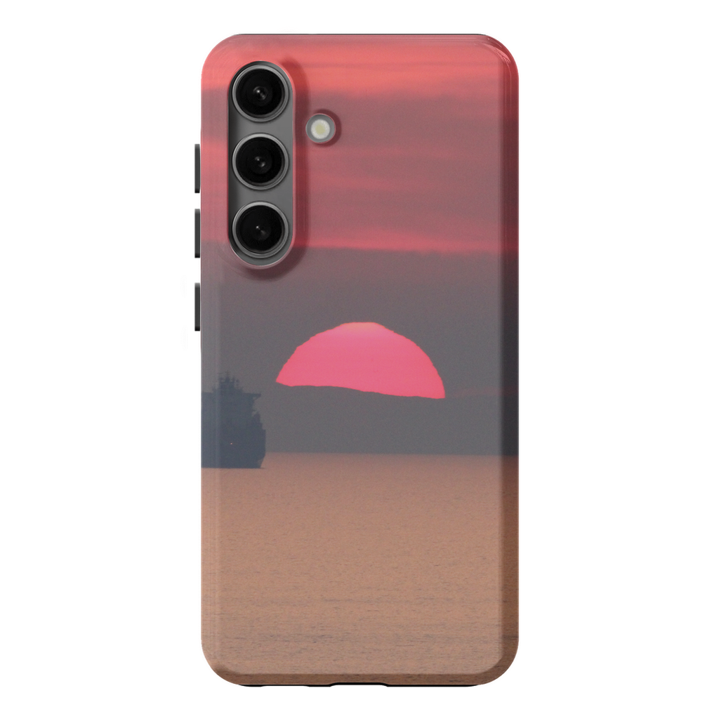 Premium cell phone case featuring Sam Gilliss Visual Arts' "Ship at Sunset, Corsica" with a Mediterranean coastal scene.
