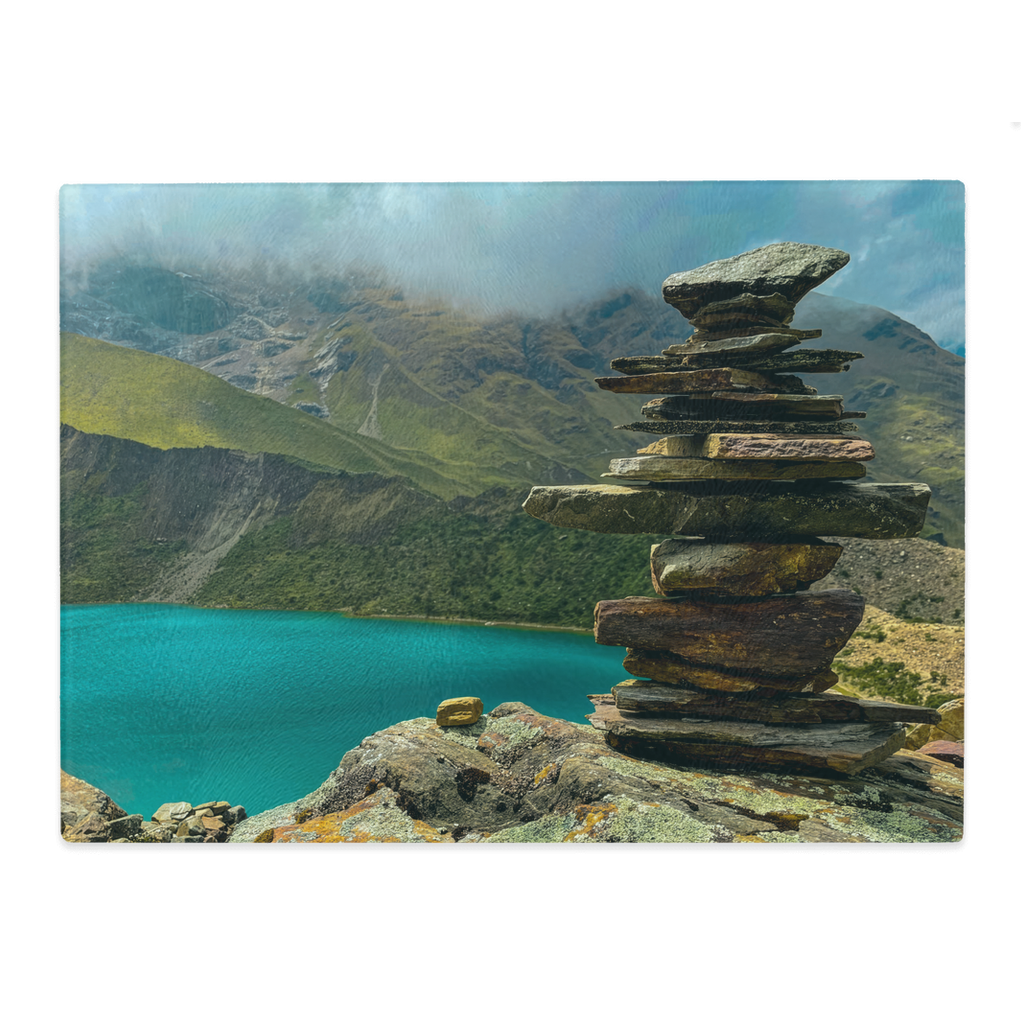 Humantay Lake in Peru themed tempered glass cutting board and elegant placemat by Sam Gilliss Visual Arts, featuring scenic mountain landscape.