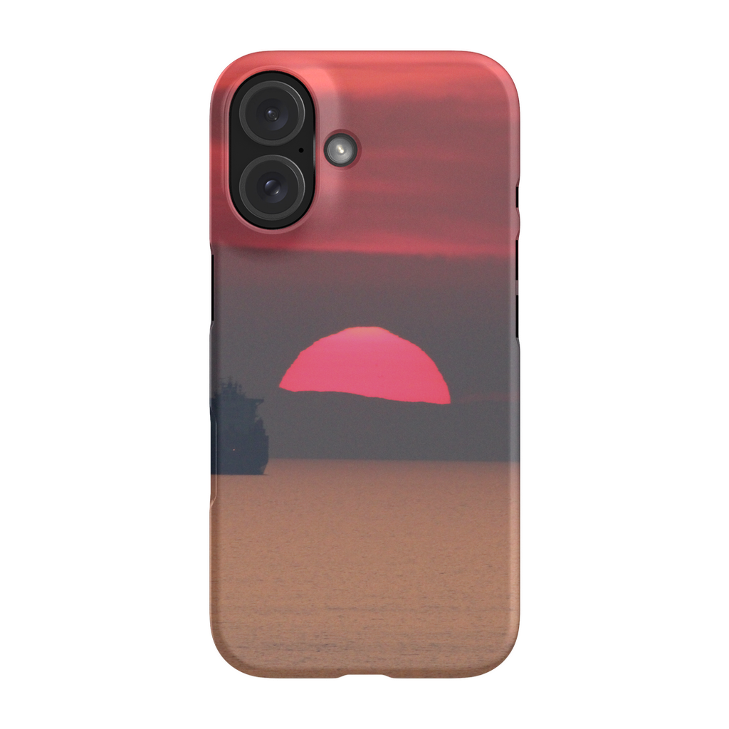 Premium Cell Phone Case featuring Sam Gilliss' Ship at Sunset, Corsica artwork with a Mediterranean coast scene and ship silhouette.