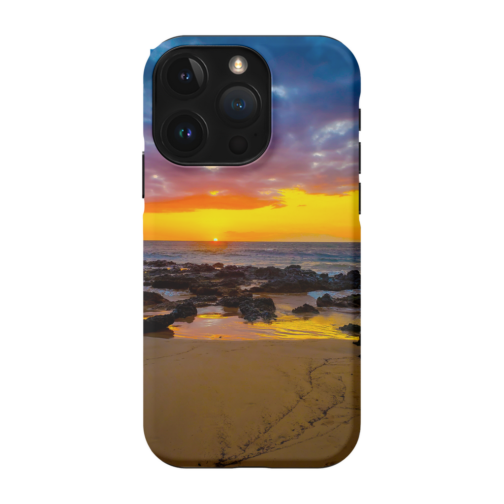 Sam Gilliss Visual Arts Maui Sunset cell phone case featuring a Hawaiian island scene with golden hour colors and tropical design.