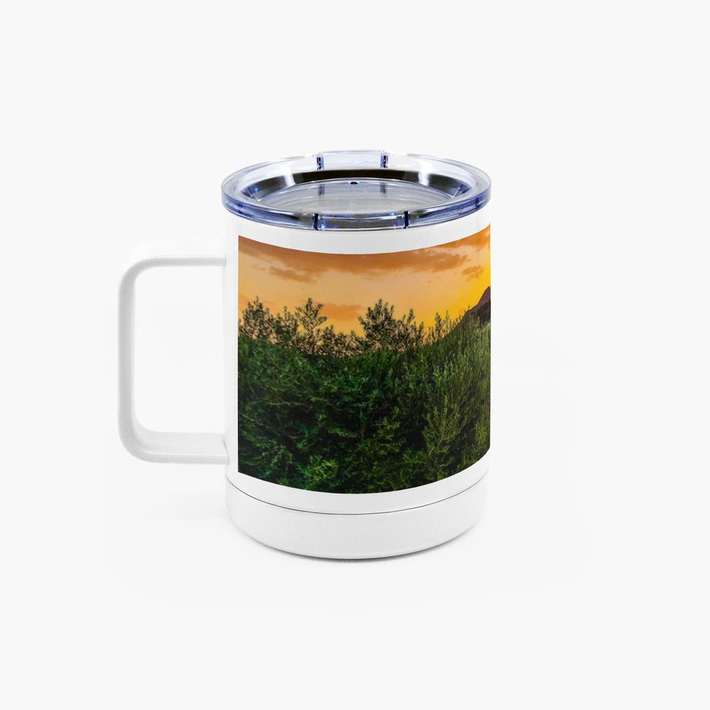 Sam Gilliss Visual Arts Priego de Córdoba countryside mug with olive villa design, 10oz stainless steel insulated coffee mug.