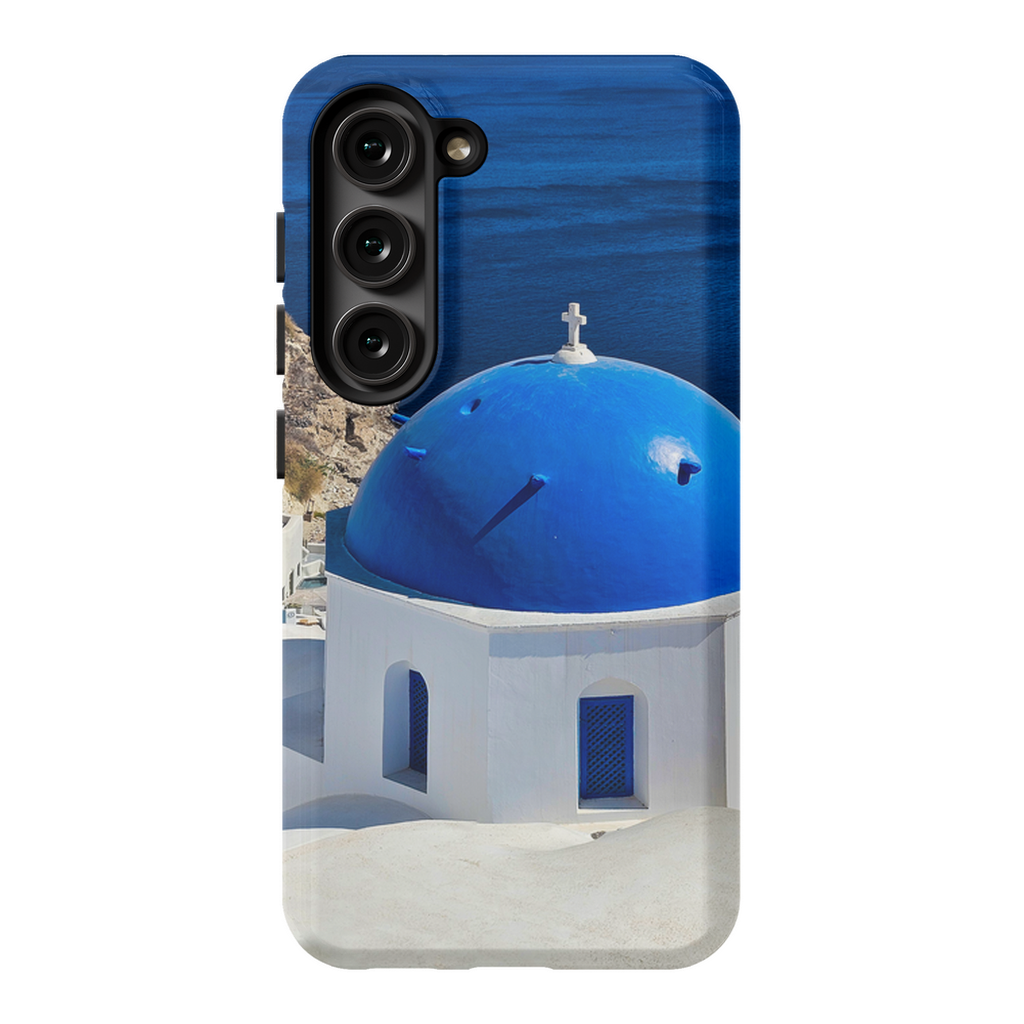 Blue Domes of Oia Santorini cell phone case featuring vibrant images of iconic blue-domed churches in Greece by Sam Gilliss Visual Arts