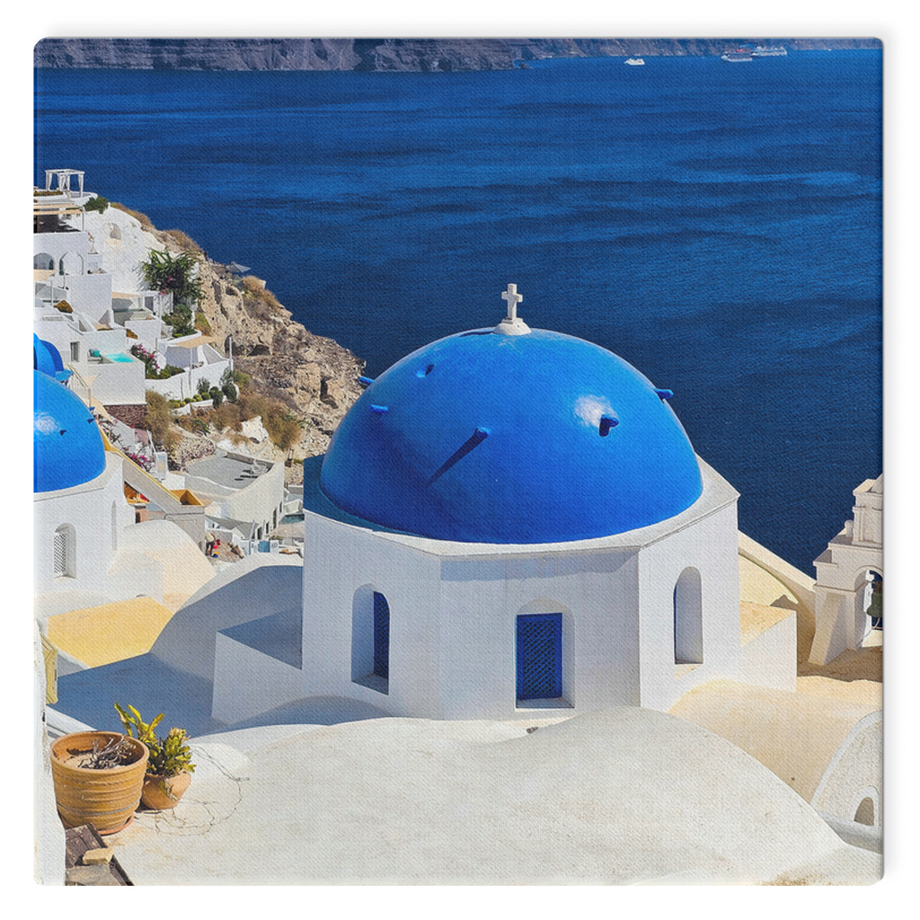 Santorini Blue Domes canvas wall art by Sam Gilliss, showcasing Oia's iconic blue domes and Mediterranean coastal scenery.
