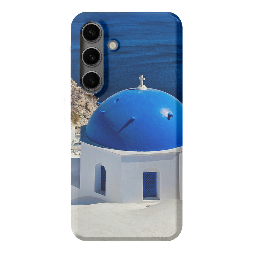 Blue Domes of Oia Santorini cell phone case featuring iconic Greek architecture, designed by Sam Gilliss Visual Arts.