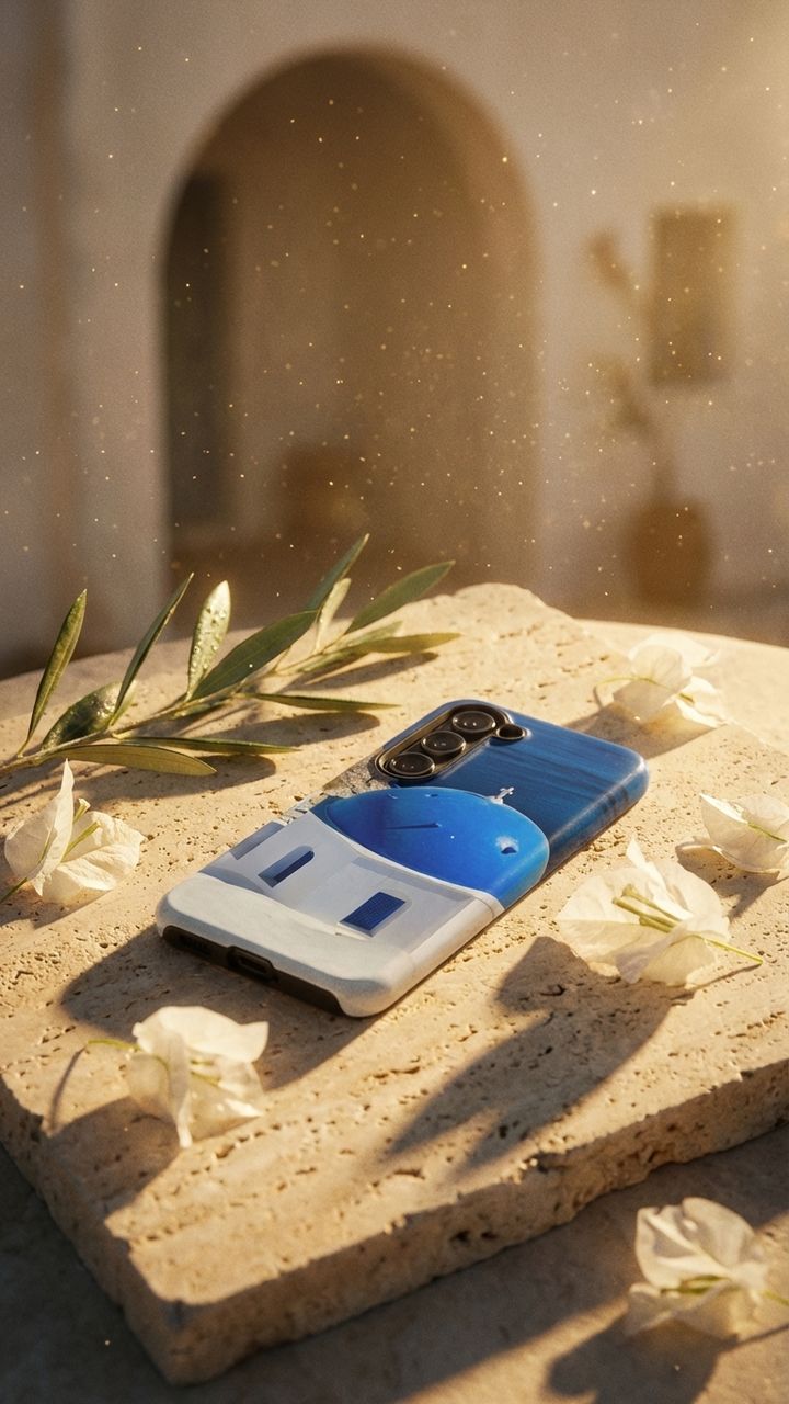 Blue Domes of Oia Santorini cell phone case featuring vibrant images of iconic blue domes and white buildings, by Sam Gilliss Visual Arts.