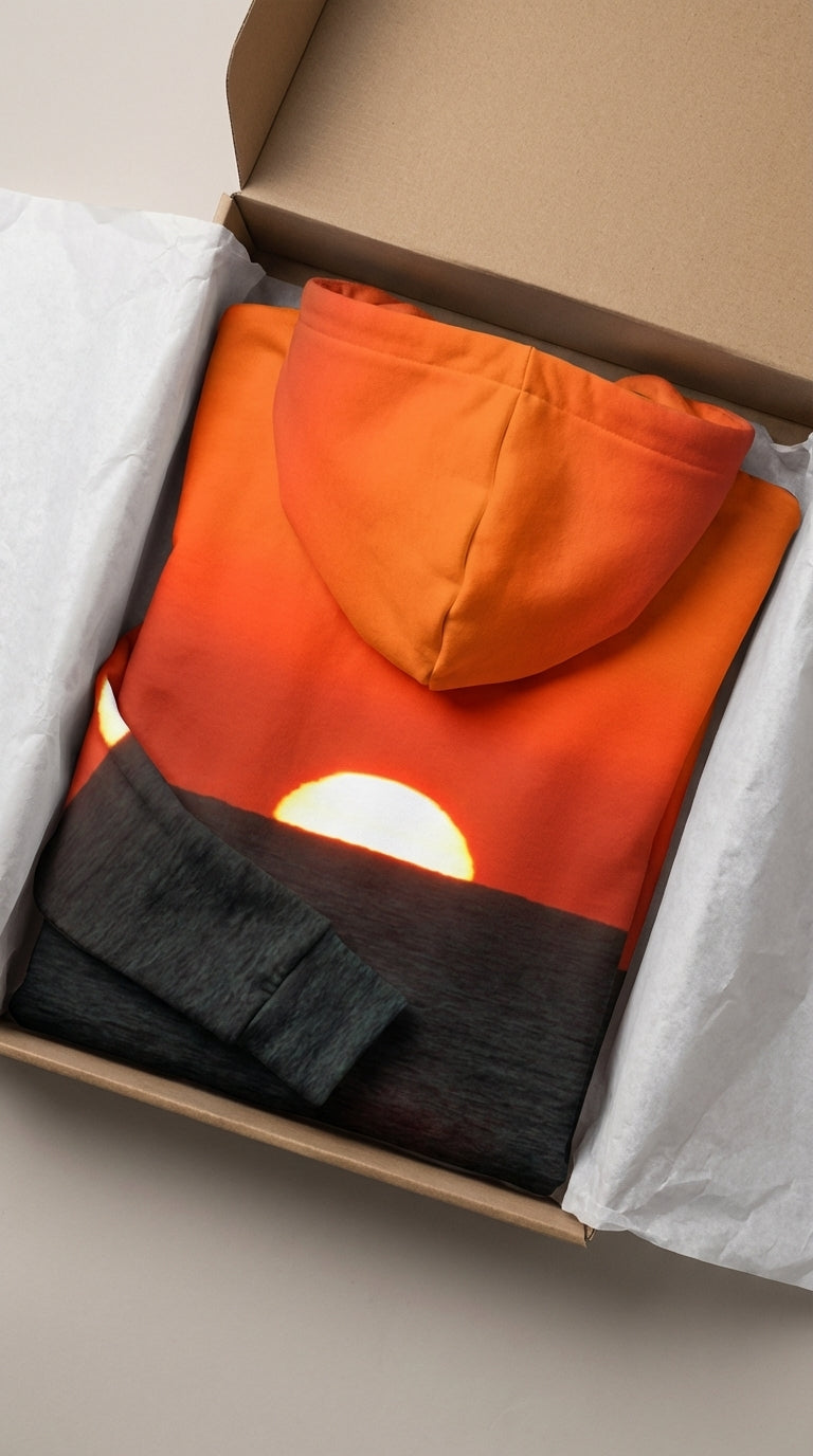 Sam Gilliss Visual Arts Cabo San Lucas Sunset Hoodie featuring vibrant ocean sunset all-over print pullover design.