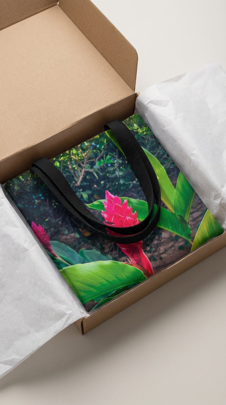 Hawaiian Red Torch Ginger tote bag by Sam Gilliss Visual Arts, double-stitched cotton with vibrant tropical floral print.