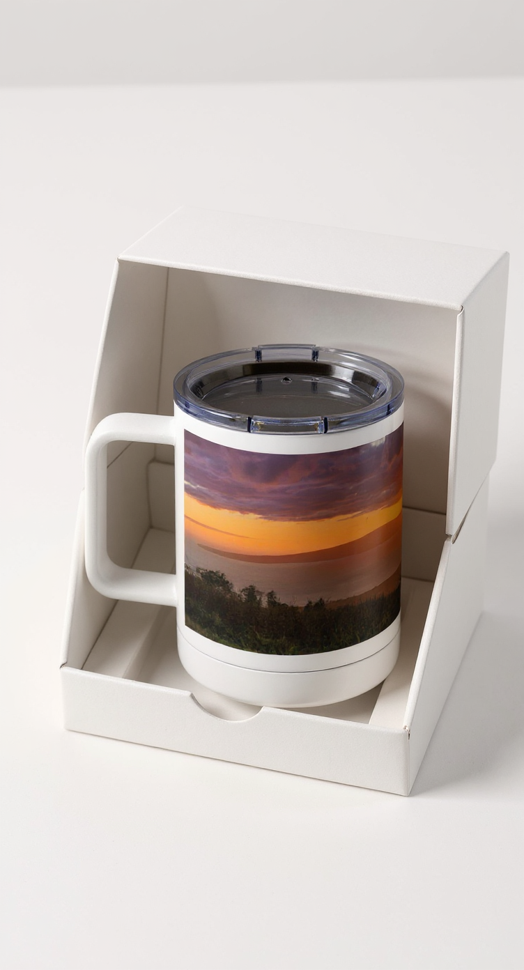 Sam Gilliss Visual Arts Keokea Sunset over the Ocean 10oz stainless steel insulated mug with ocean sunset design