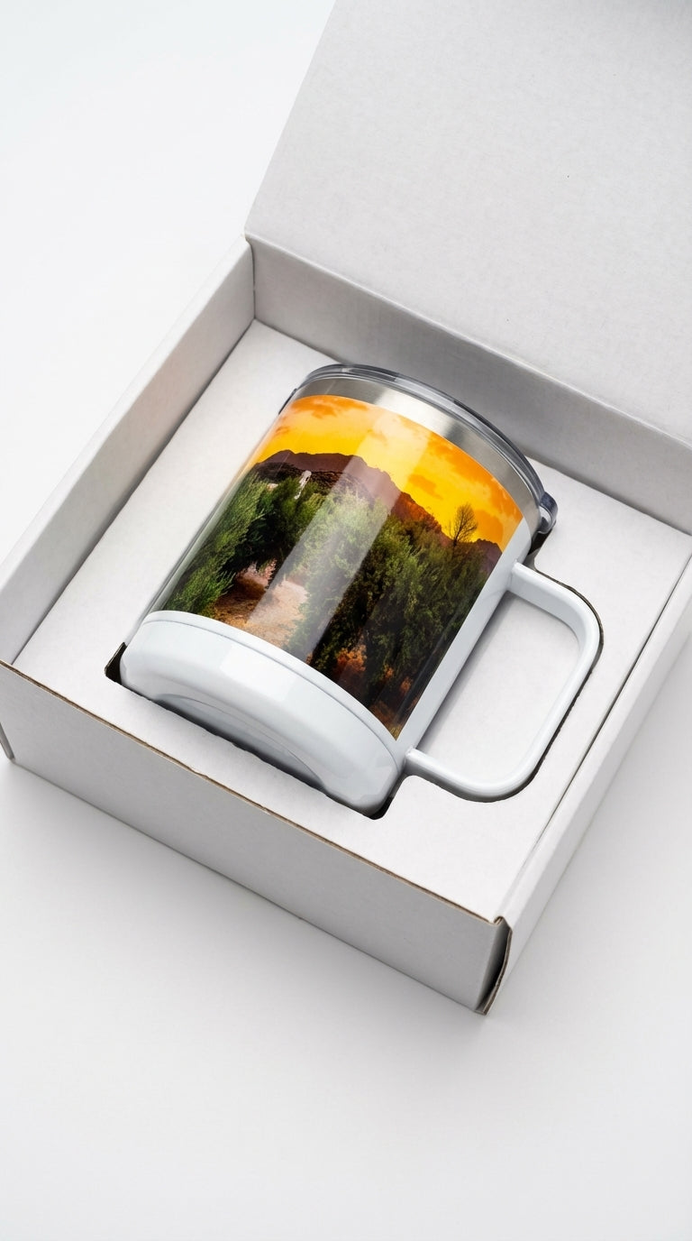 Sam Gilliss Visual Arts 10oz insulated stainless steel Priego de Córdoba countryside mug with olive villa scene in Spain.