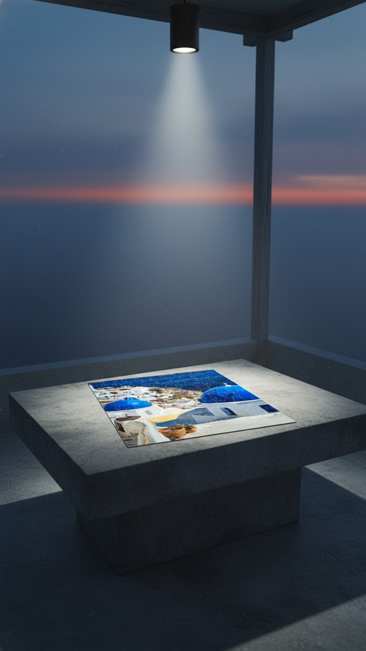 Sam Gilliss Visual Arts Santorini Blue Domes puzzle featuring Oia Greece with colorful domed buildings and scenic island views.