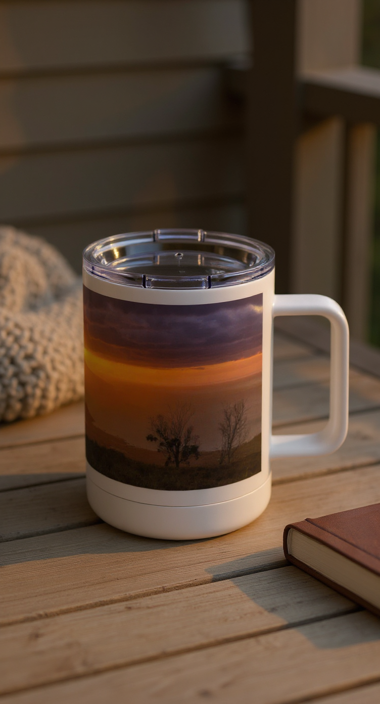 Sam Gilliss Visual Arts Keokea Sunset over the Ocean 10oz insulated stainless steel mug with scenic sunset design.