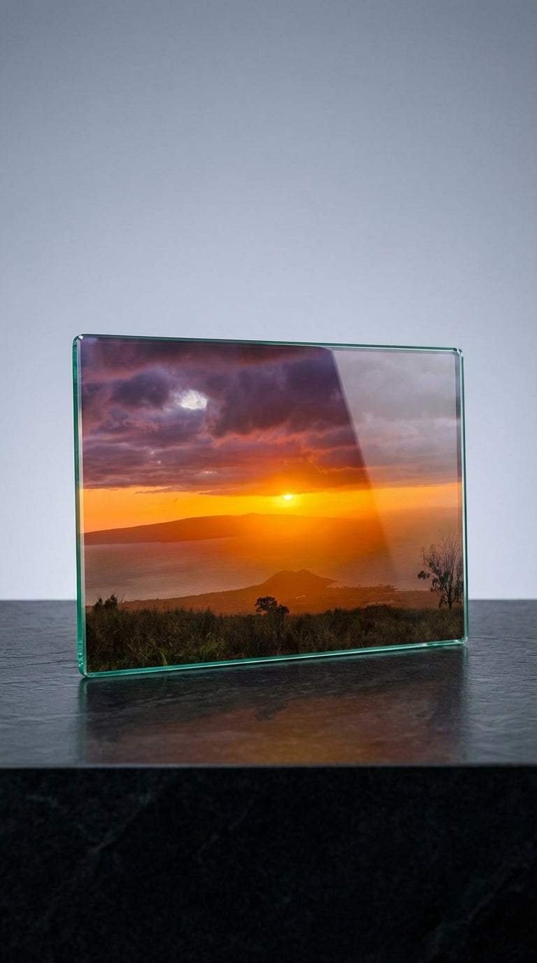 Sam Gilliss Visual Arts Keokea Sunset over the Ocean tempered glass cutting board and elegant placemat, showcasing vibrant ocean sunset design.