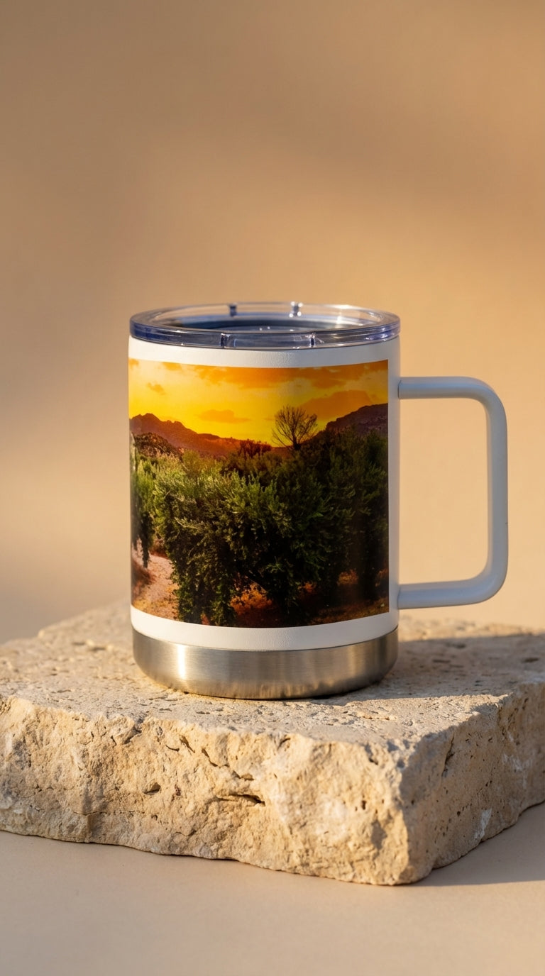 Sam Gilliss Visual Arts Priego de Córdoba countryside 10oz insulated stainless steel mug with olive country villa scene.