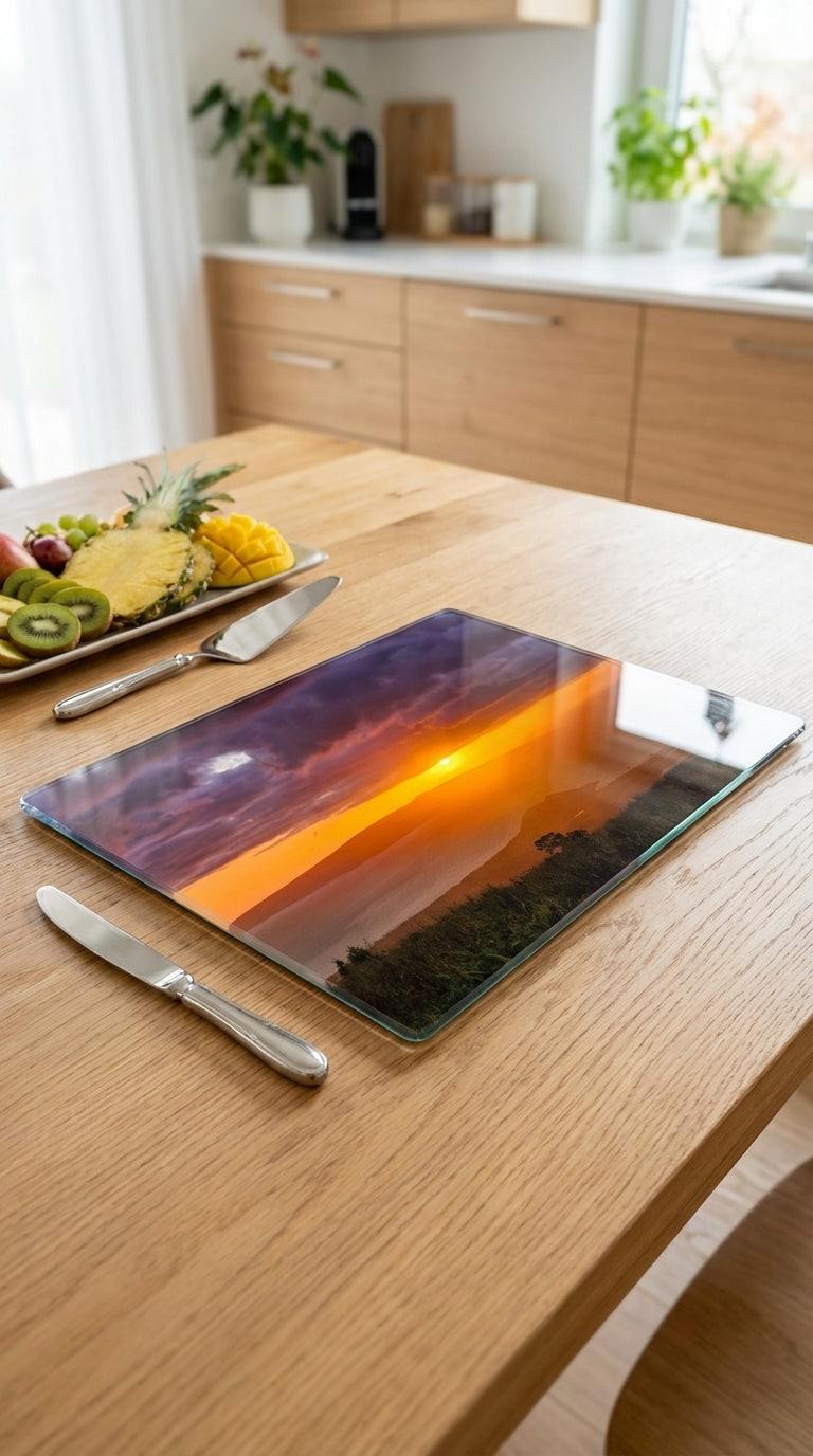 Sam Gilliss Visual Arts Keokea Sunset over the Ocean tempered glass cutting board and elegant placemat with vibrant sunset design