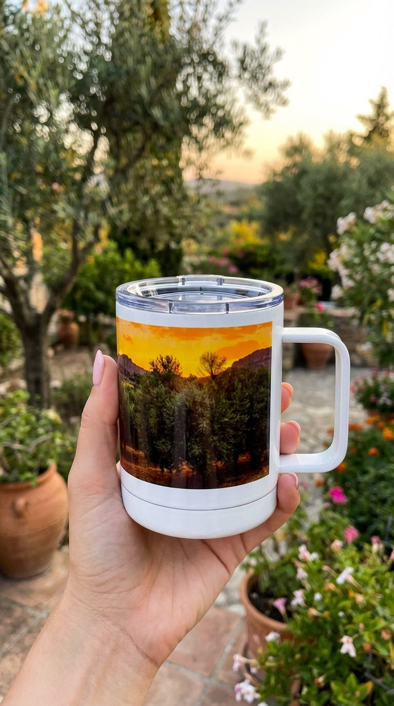 Sam Gilliss Visual Arts Priego de Córdoba Countryside Mug, 10oz insulated stainless steel mug with olive country villa scene.
