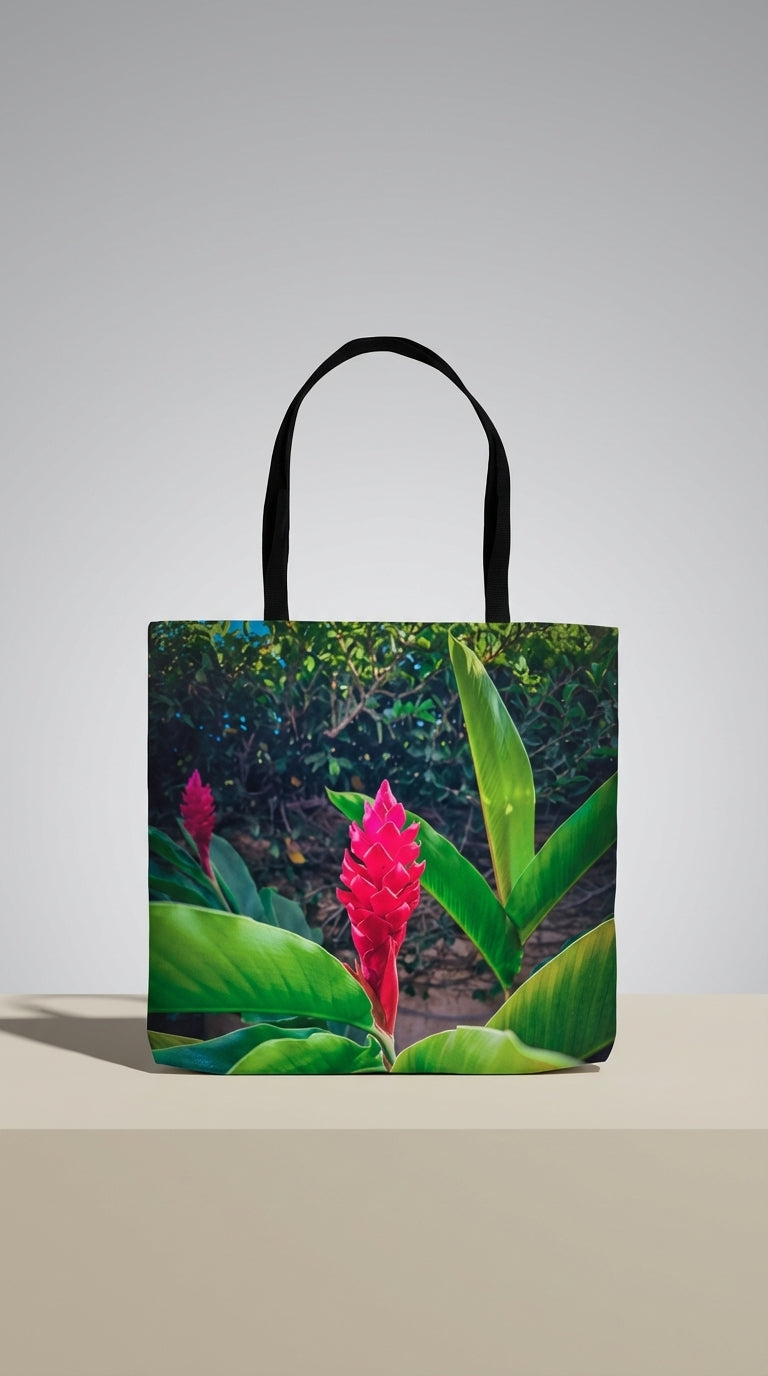 Hawaiian Red Torch Ginger tote bag by Sam Gilliss Visual Arts, double-stitched cotton with vibrant tropical floral print.