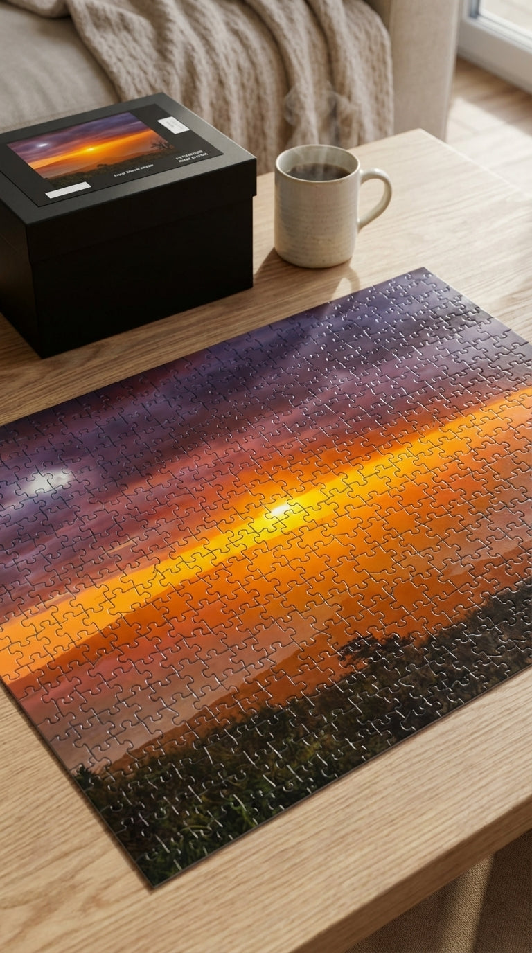 Sam Gilliss Hawaiian Paradise jigsaw puzzle featuring a sunset over the ocean, available in 100 to 1000 pieces, vibrant tropical scene.