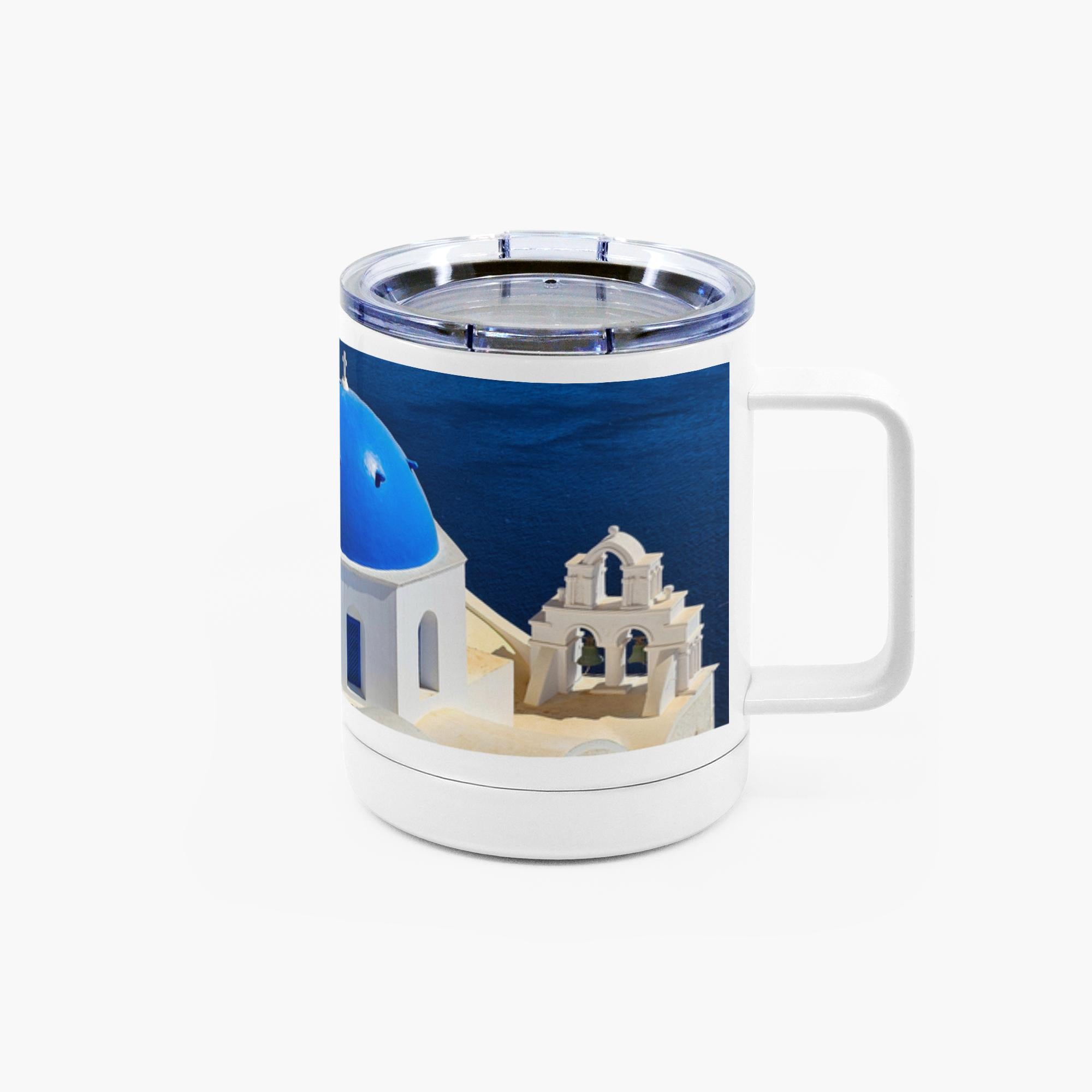Santorini Blue Domes stainless steel travel mug with handle, 10oz insulated mug featuring colorful Greek island dome artwork by Sam Gilliss.